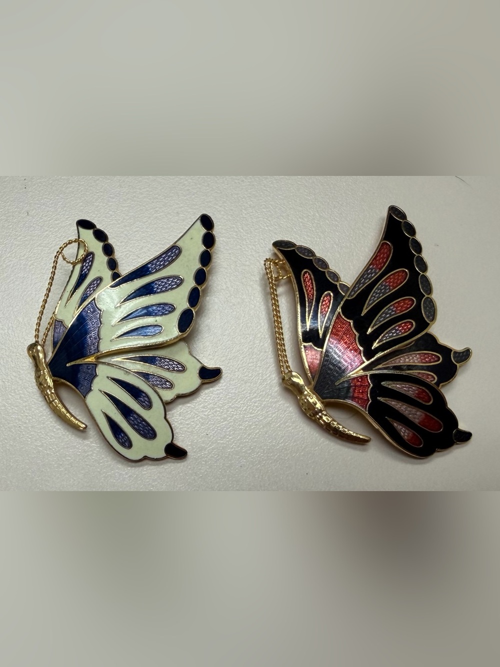 Vintage Cloisonne Enamel Butterfly Brooch Pin Pair Guilloche